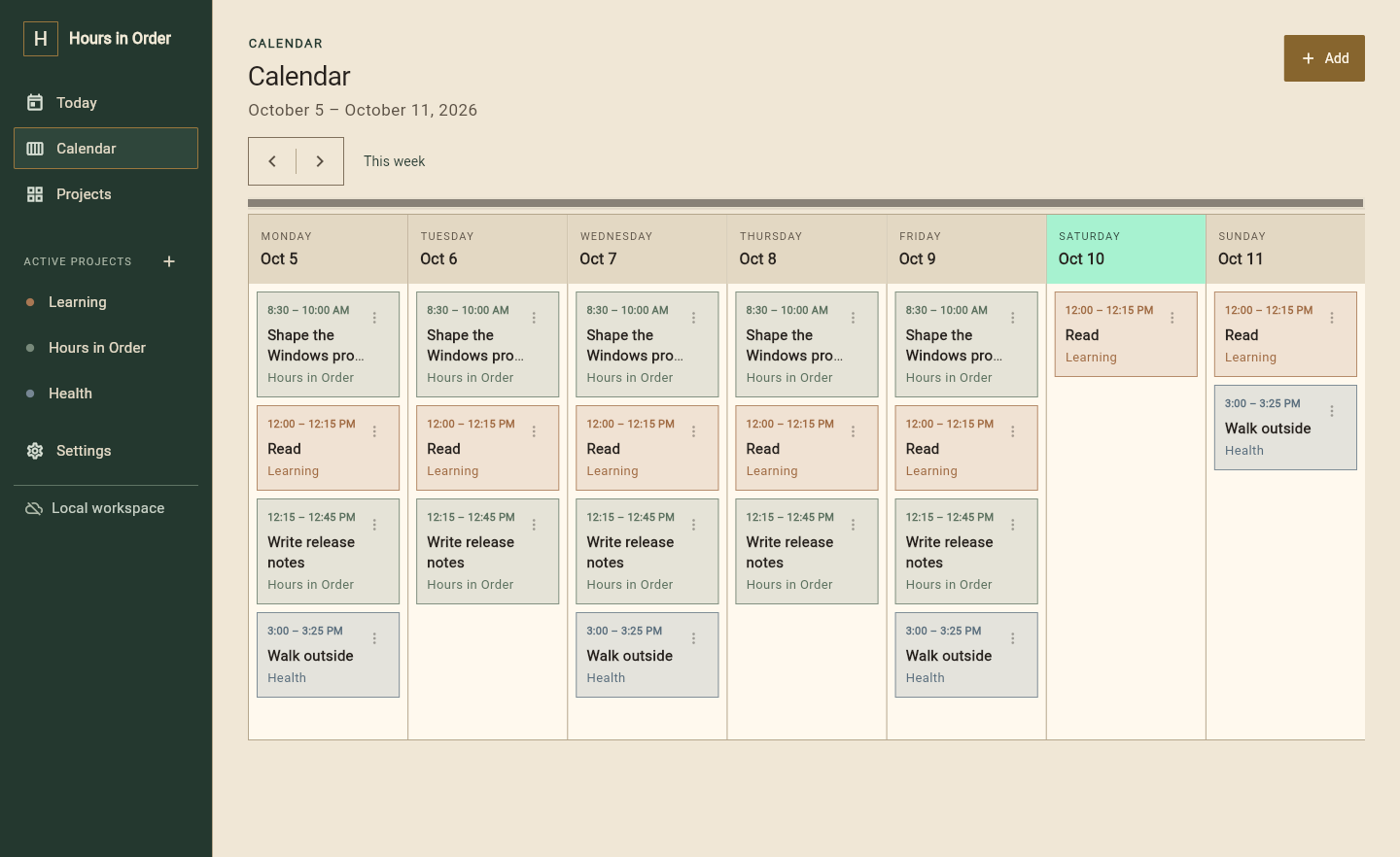 The actual Hours in Order weekly calendar