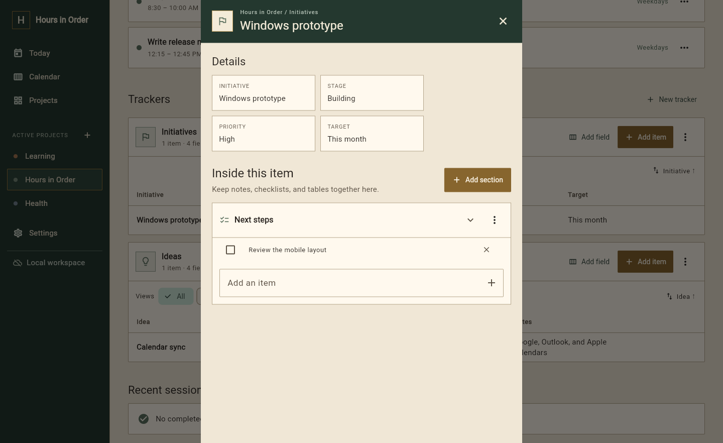 An actual Hours in Order item page with details and a checklist