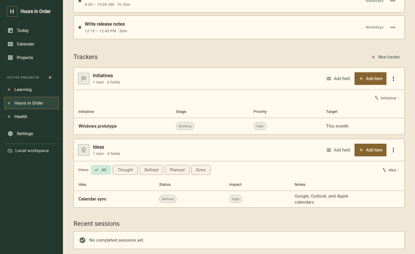 Hours in Order project screen with initiative and idea trackers