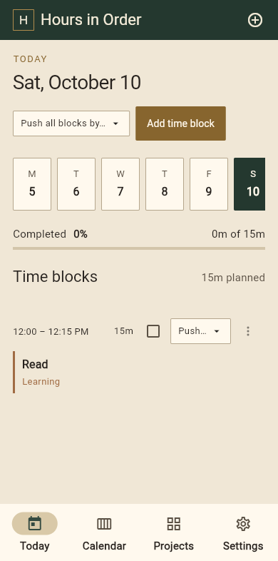 Hours in Order mobile layout showing the same Today screen