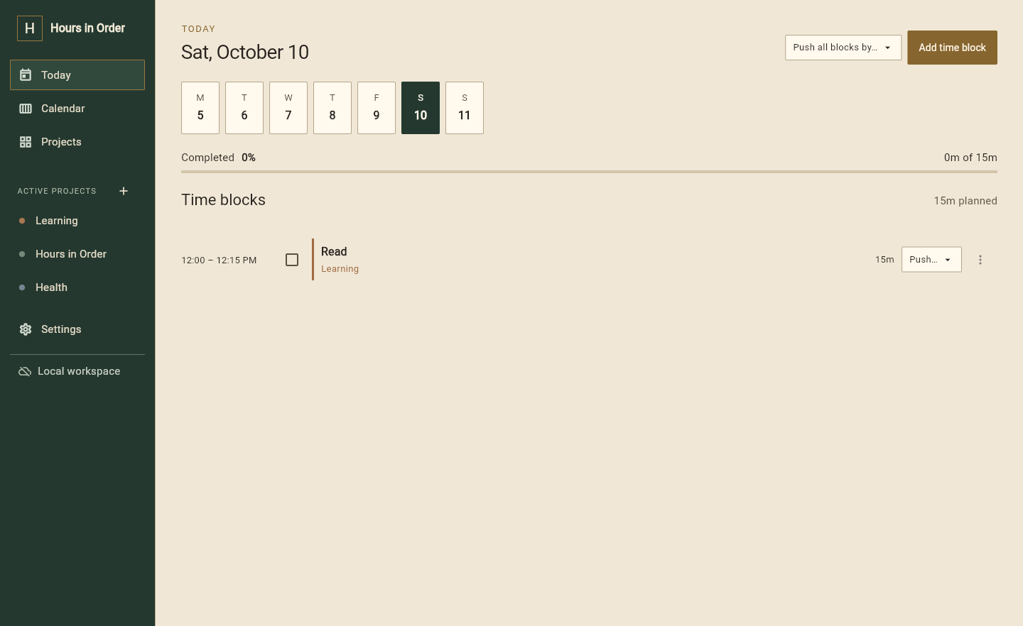 Hours in Order Today screen showing a scheduled reading block